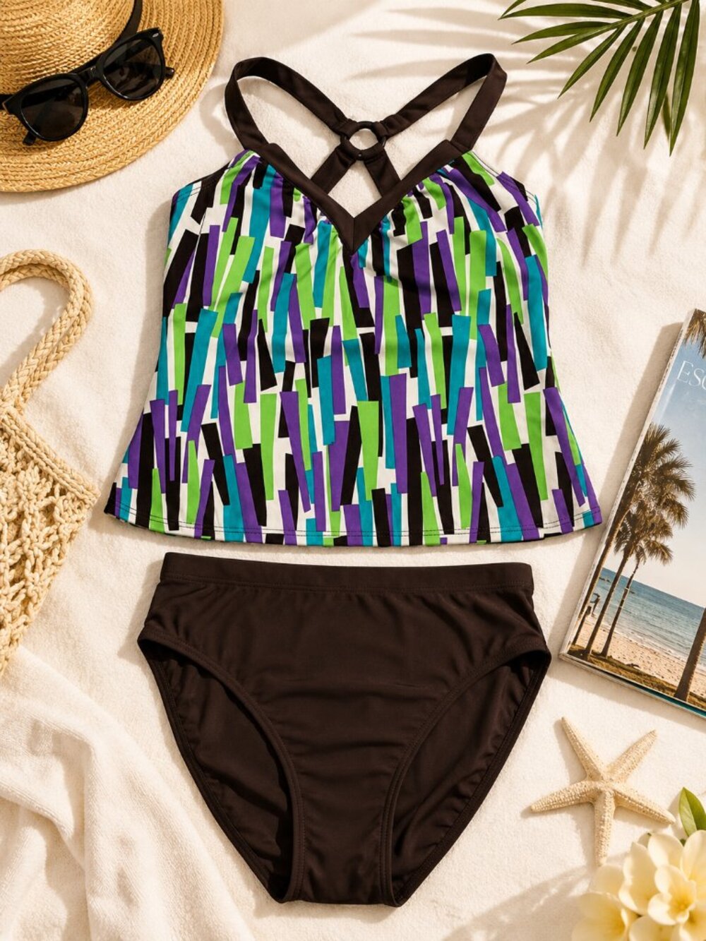 Chocolate Brown Tankini Swimsuit Y2K Resort Poolside Glam Size 10